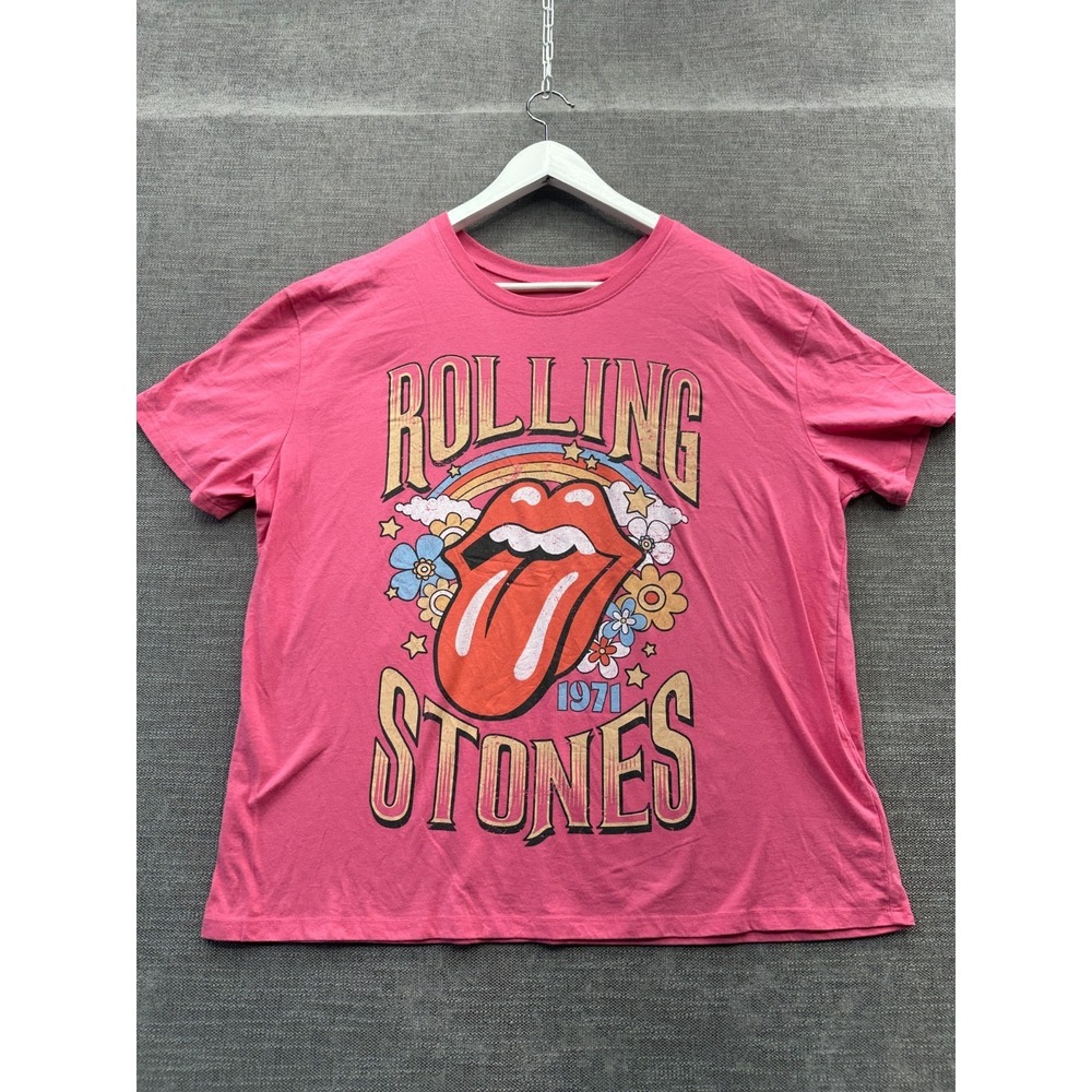 Rolling Stones T Shirt Womens XL(16-18) Pink Cotton Graphic Print UK‎ Tour 1971